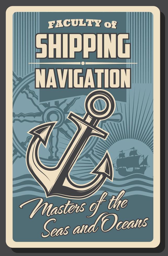 Sea ship helm and anchor. Nautical navigation vector