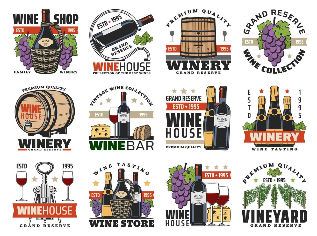 Wine, winemaking and viticulture vector icons set