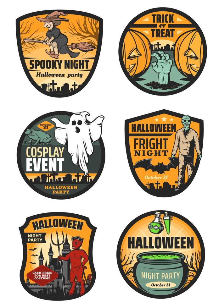 Halloween monster icons of ghost, zombie, pumpkin vector