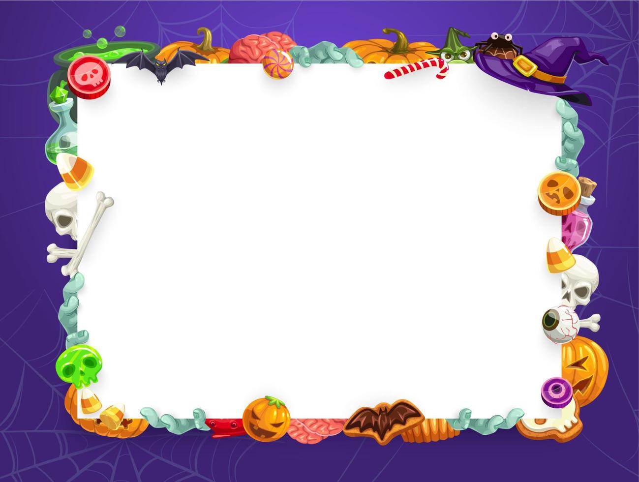 Halloween pumpkins and trick or treat sweets frame vector