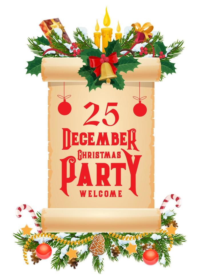 Christmas garland with old scroll. Xmas party card vector