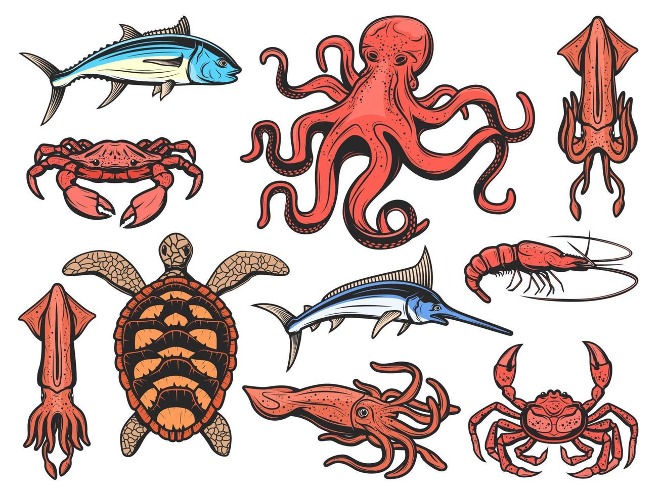 Fishes, underwater animals and seafood fishing vector