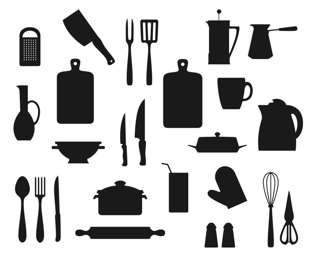 Cooking pot, spoon, fork, knives. Kitchen utensils vector
