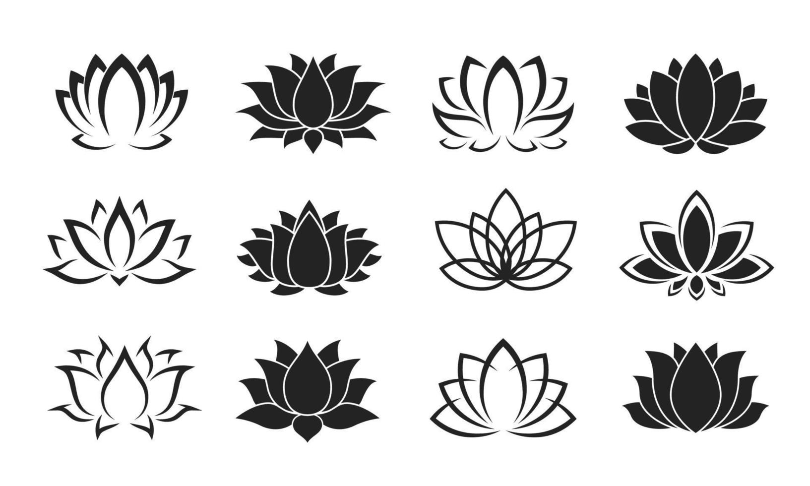 iconos de flores de loto, budismo y símbolos de yoga vector