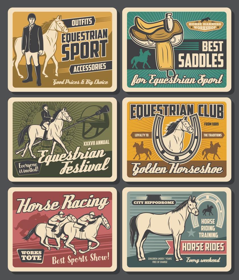 Equestrian sport club, horse rides hippodrome vector