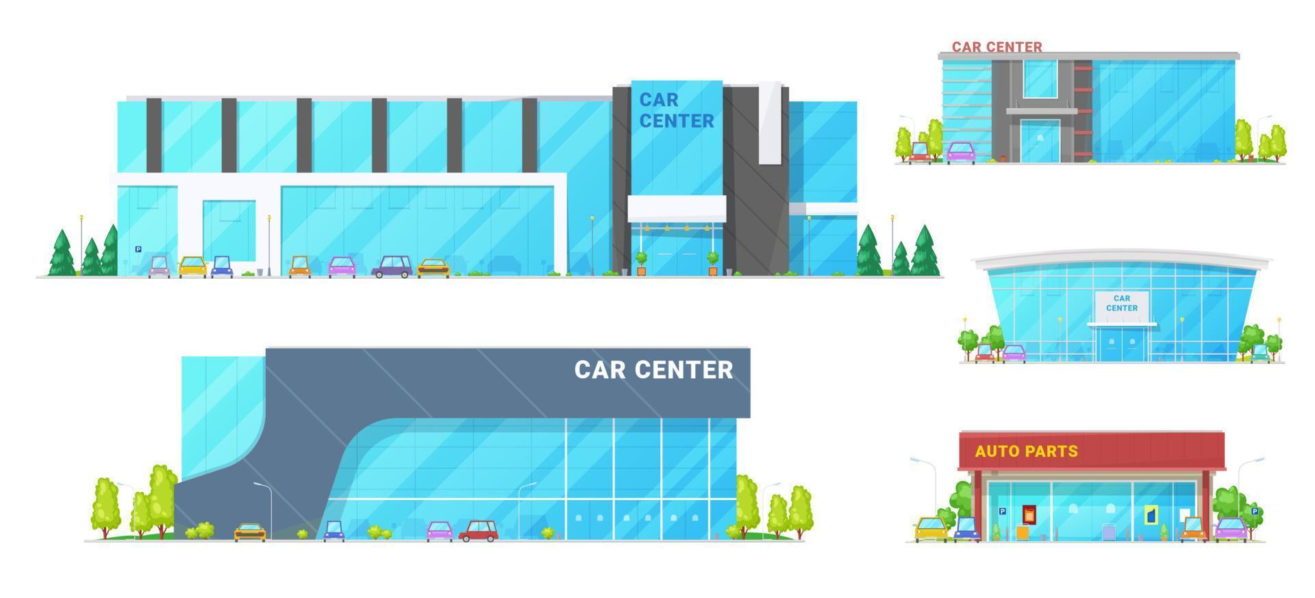 Car dealers centers and showroom buildings vector