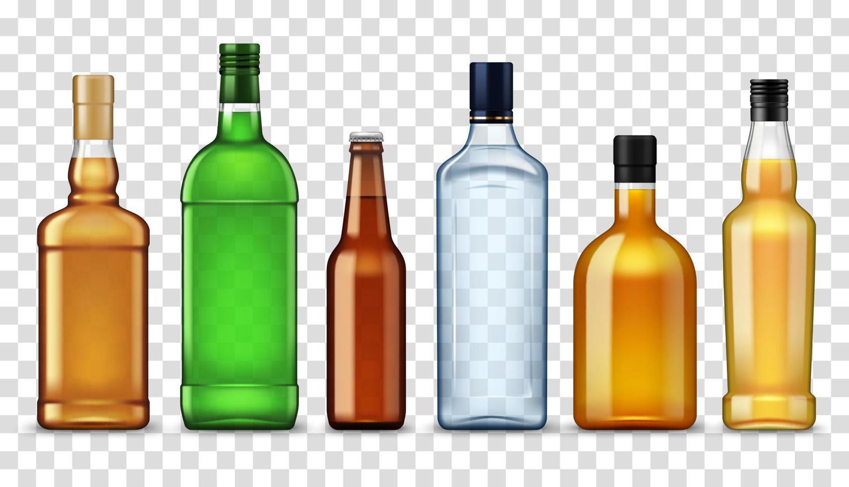 Alcohol drinks in bottles, isolated high spirits vector