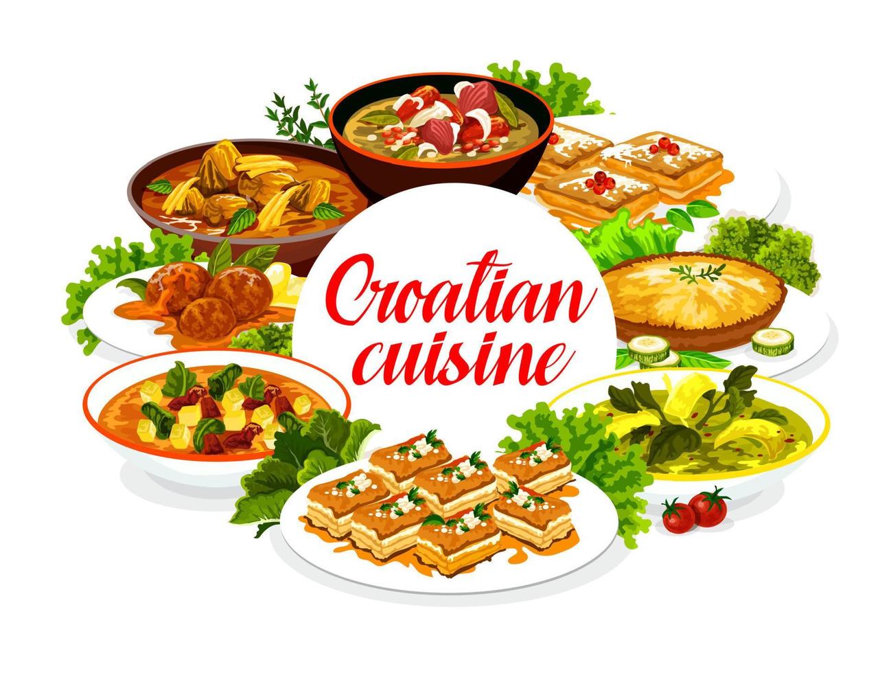 Croatian cuisine food, restaurant menu dishes vector