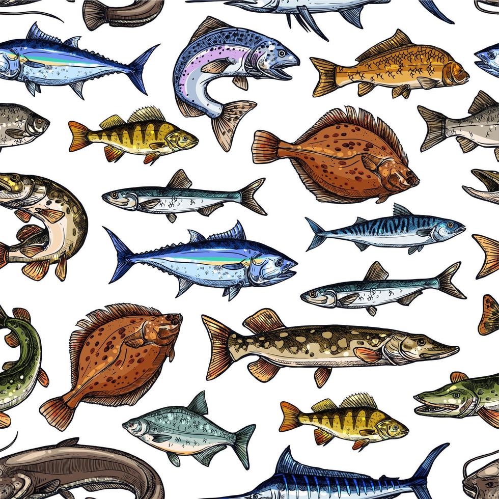 Sea and ocean fishes, seamless pattern vector