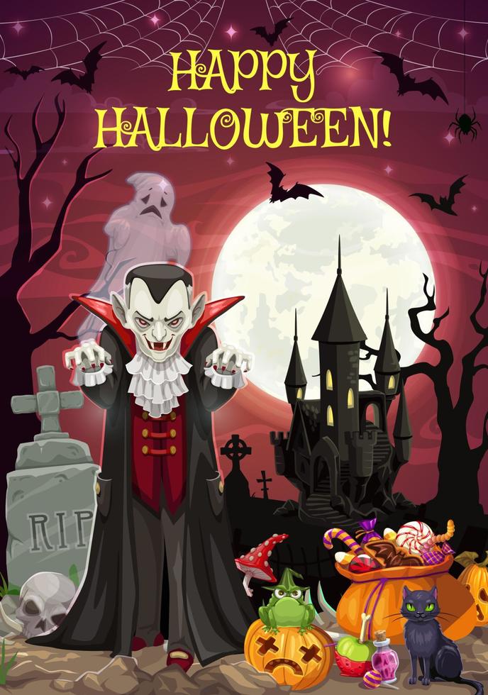 Halloween on graveyard, Dracula and castle, treats vector