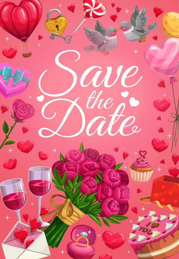 Save the Date, wedding ring and heart balloons vector