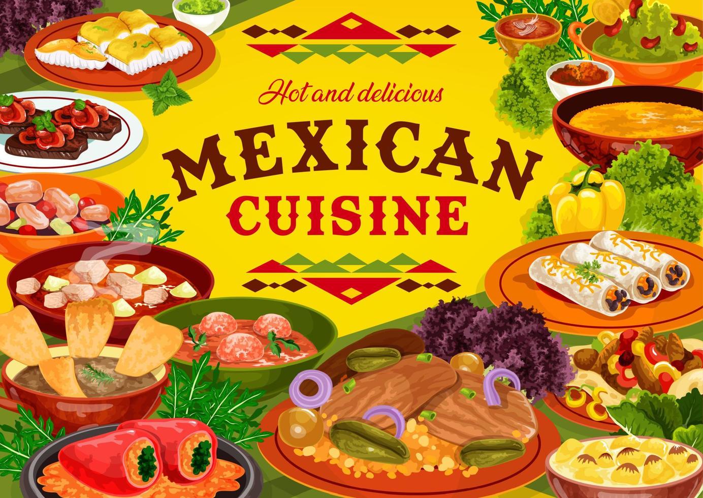 Mexican dishes of meat, fish and vegetable food vector