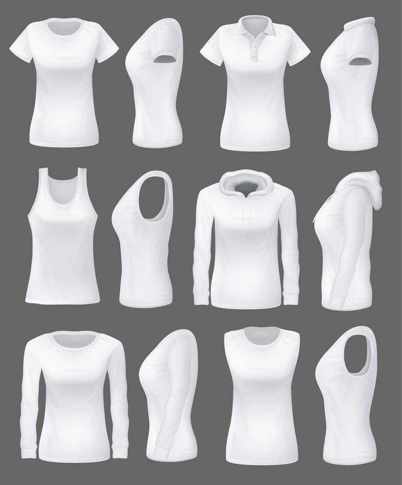 Woman clothing mockup models, white sport shirts vector