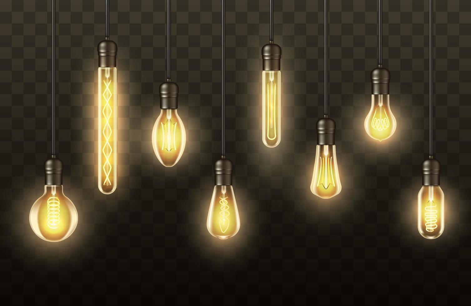 Light bulbs, realistic lamps hanging on wires vector