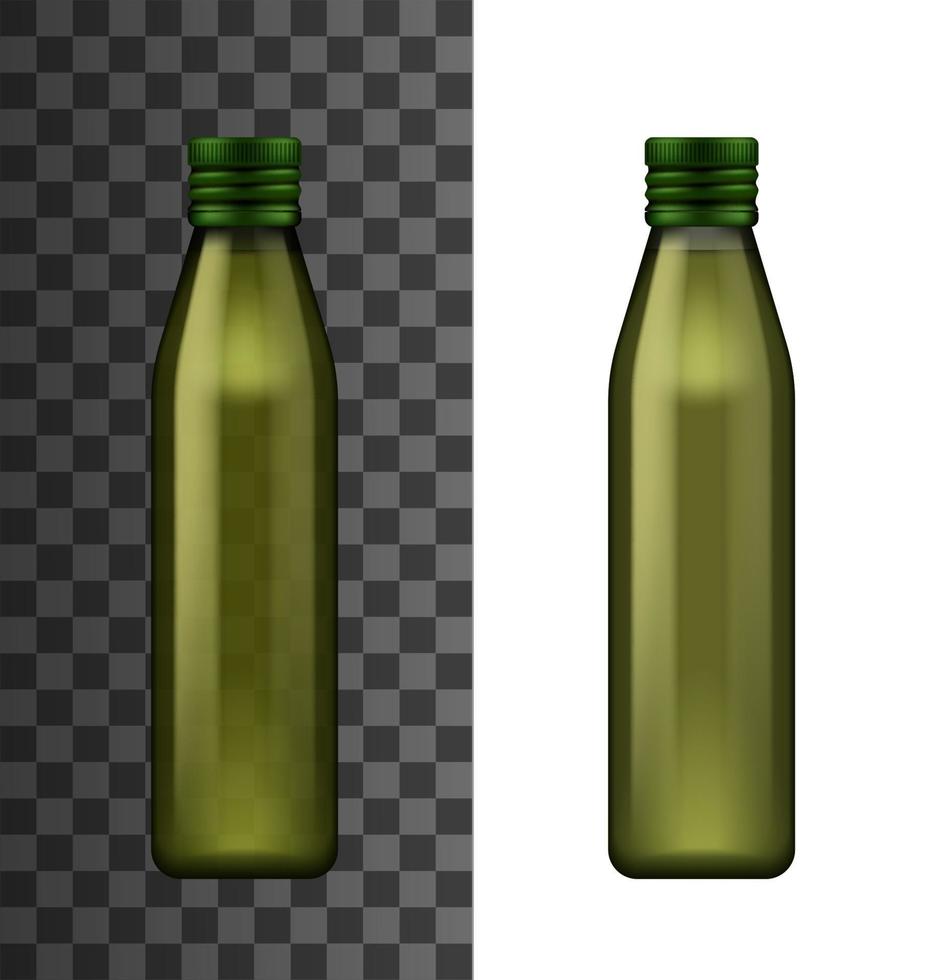 Green glass bottle, olive oil realistic 3d mockup vector