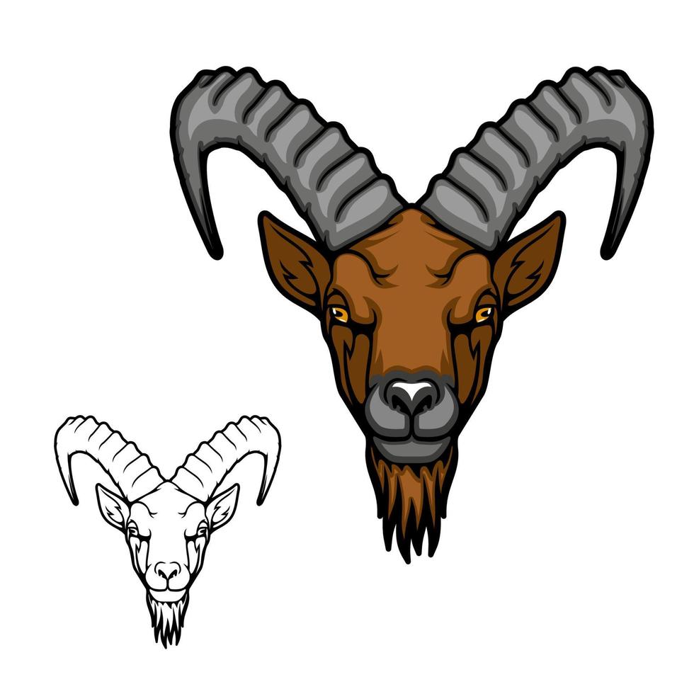 cabeza de cabra o cabra montés con cuernos acanalados y barba vector