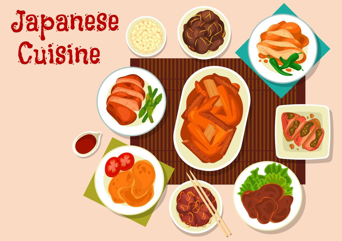 Japanese meat dishes with vegetables and spices vector