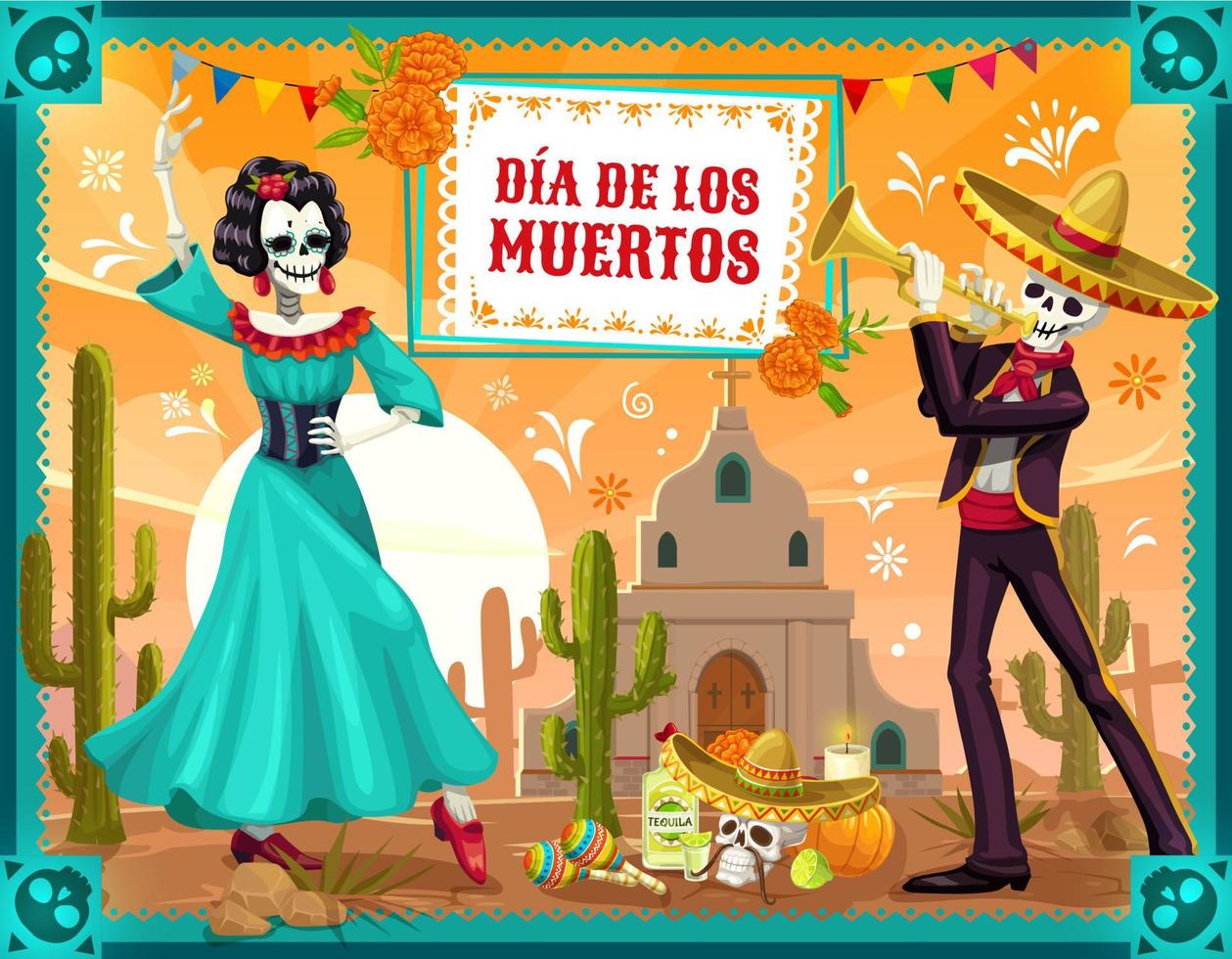 Dancing skeletons of Mexican Day of Dead holiday vector