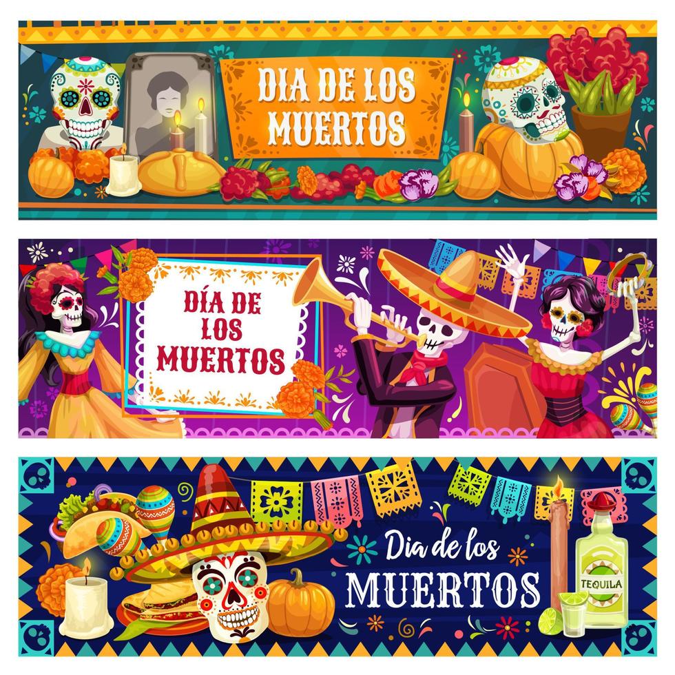 día mexicano de muertos altar, calaveras de azúcar, esqueletos vector