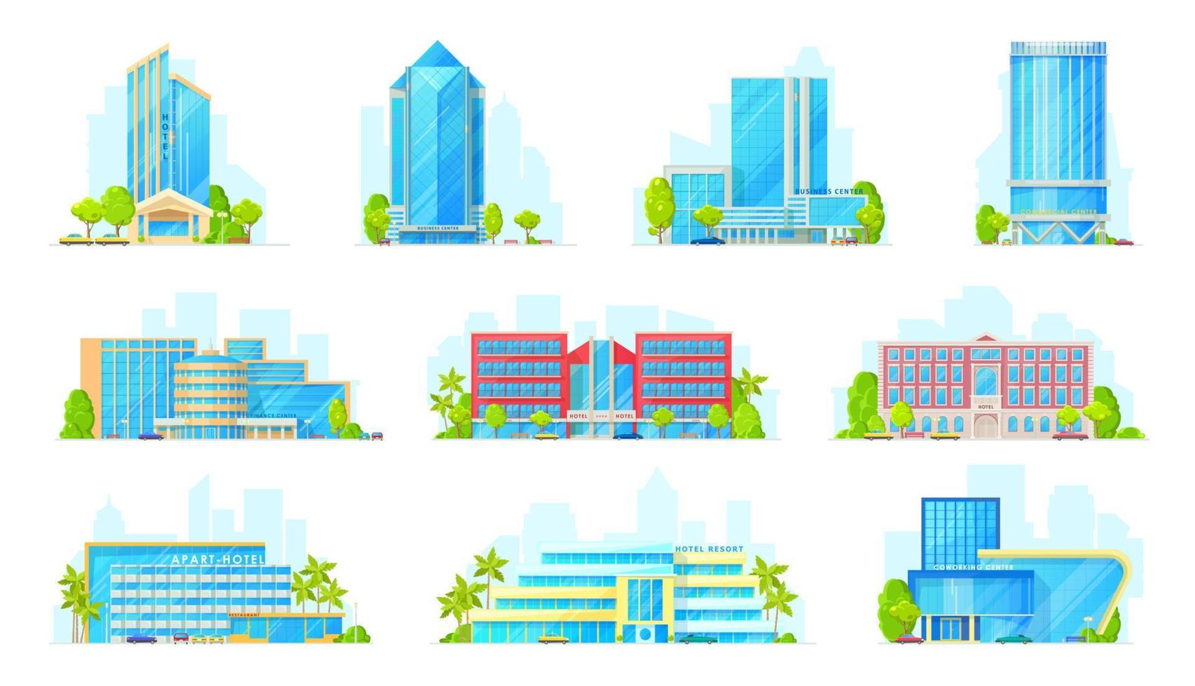 iconos de edificios de hoteles y centros de negocios vector