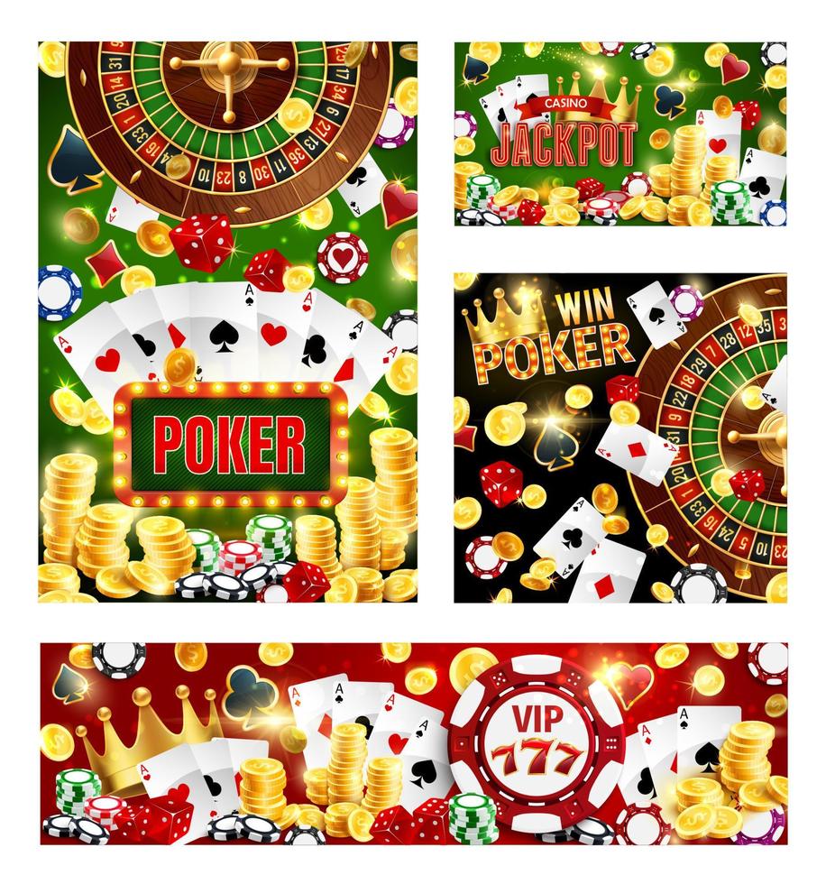 Casino posters. Wheel of fortune, poker cards vector