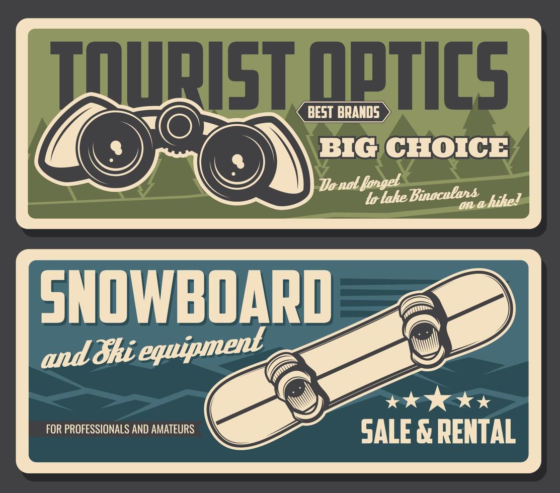 Snowboard and binoculars of tourism equipment vector