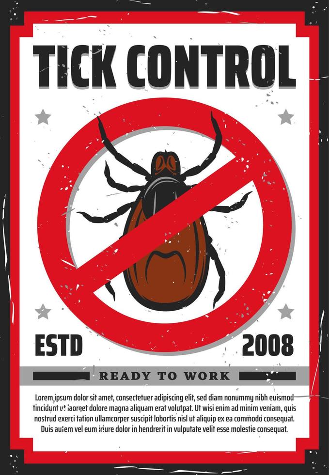 Tick insect or mite bug warning sign. Pest control vector