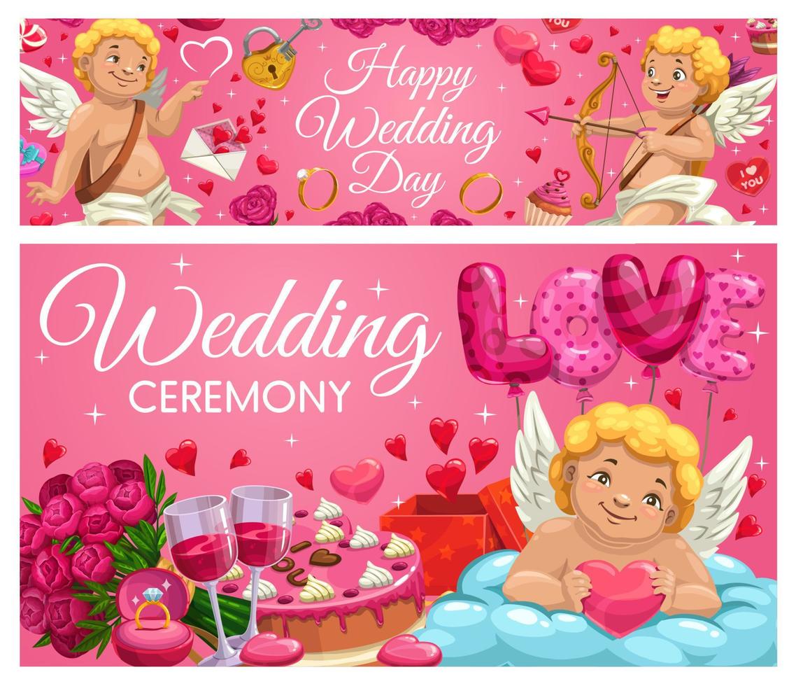 Wedding ceremony calligraphy. Hearts, love, cupids vector