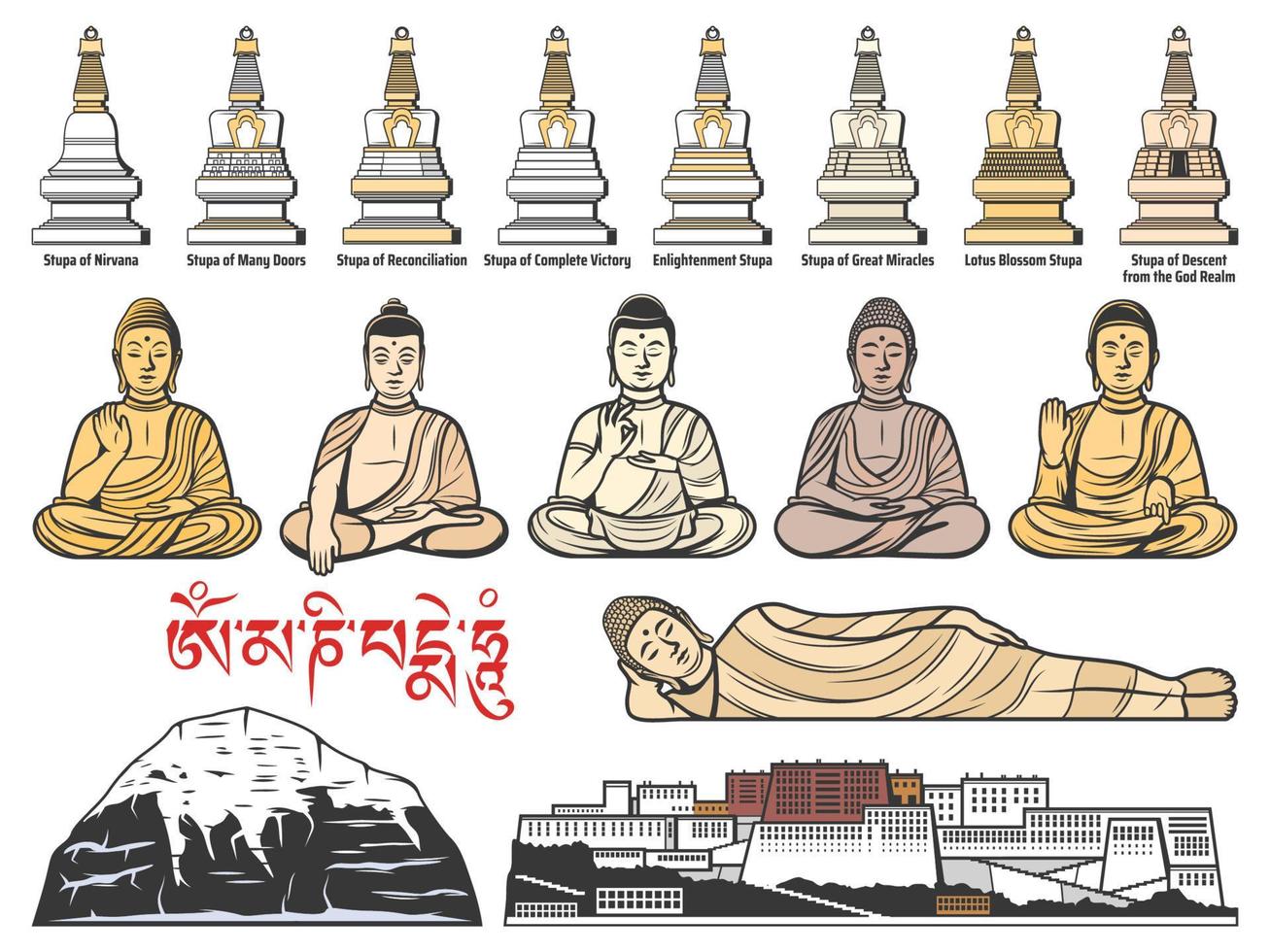 estupas del budismo tibetano, posturas de buda vector