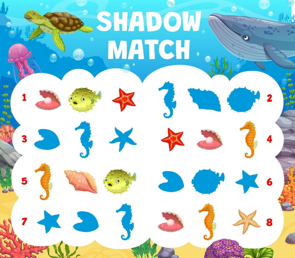 Shadow match game cartoon underwater landscape vector