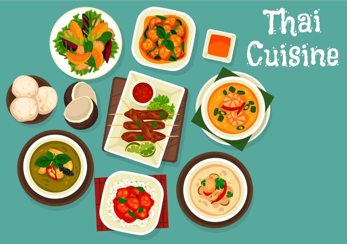 Thai seafood soup, grilled meat, coconut dessert vector
