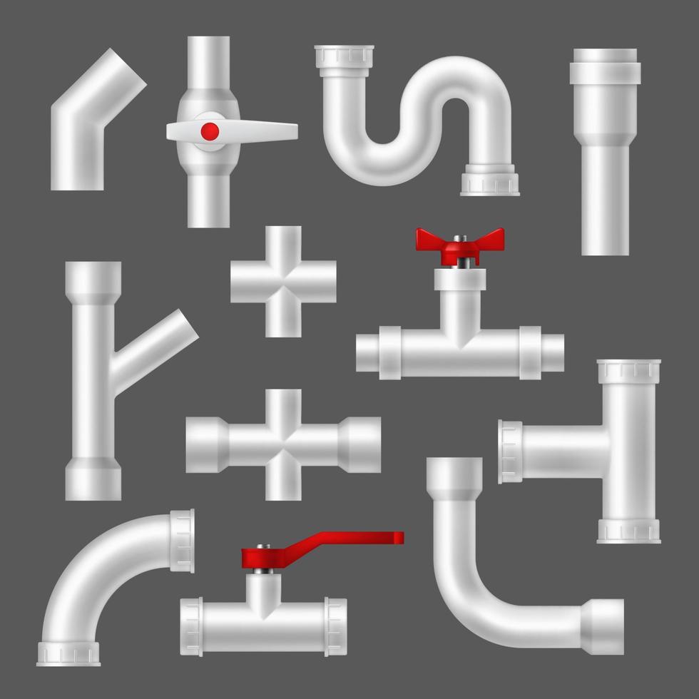 Plastic pipes and tubes, pipeline fittings vector