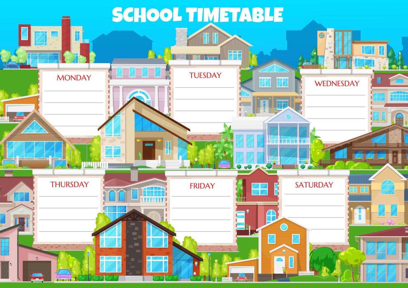 School timetable weekly shedule with buildings vector