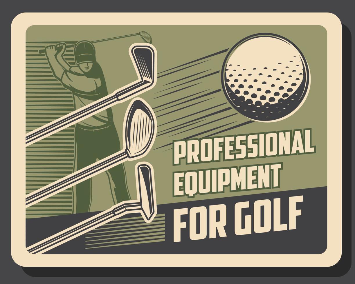 Afiche retro del deporte de golf, jugador con club. vector