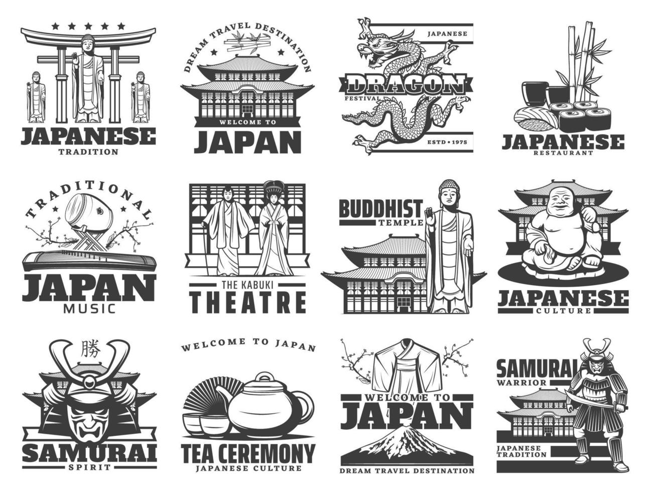 Japanese culture, tourism, travel vector icons