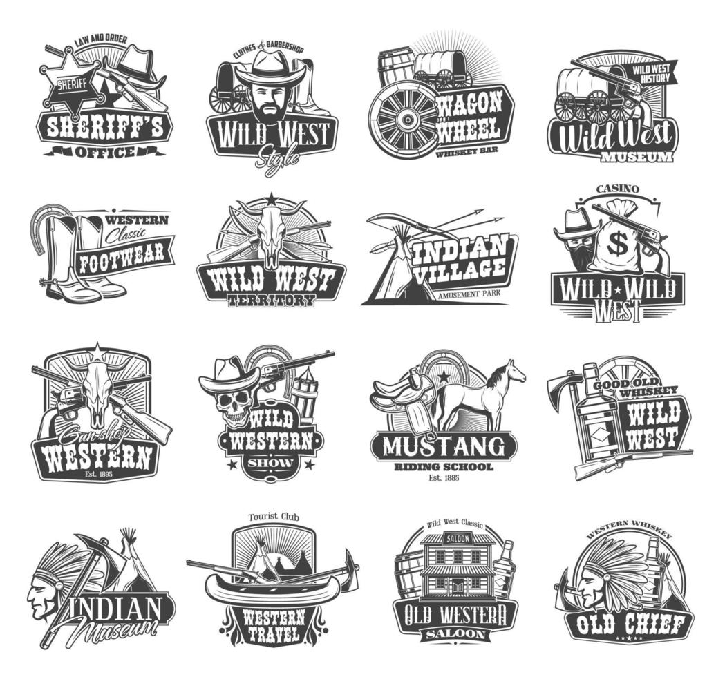 American Western, Wild West cowboy icons vector