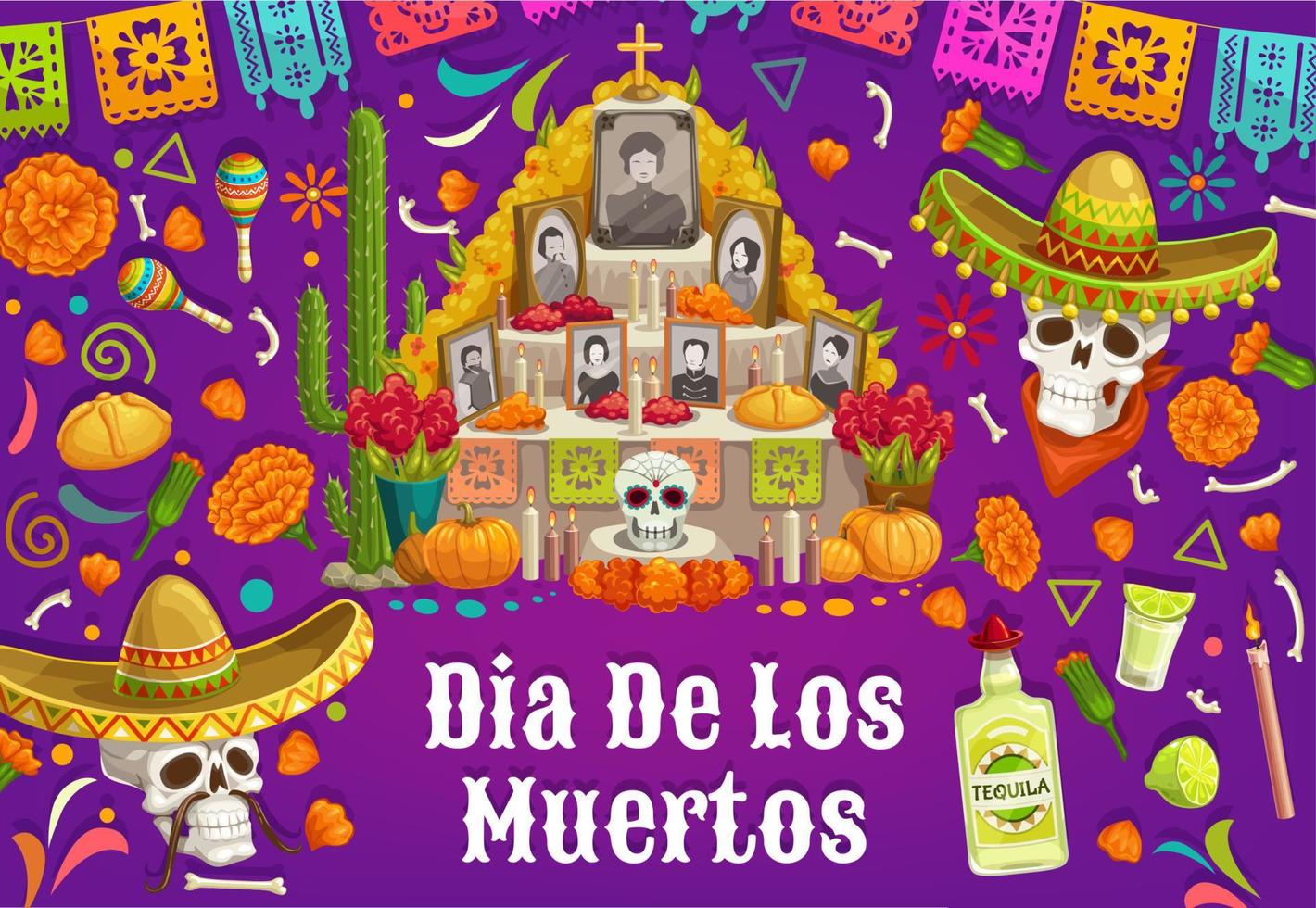 Altar with photos of dead, Dia de los Muertos vector