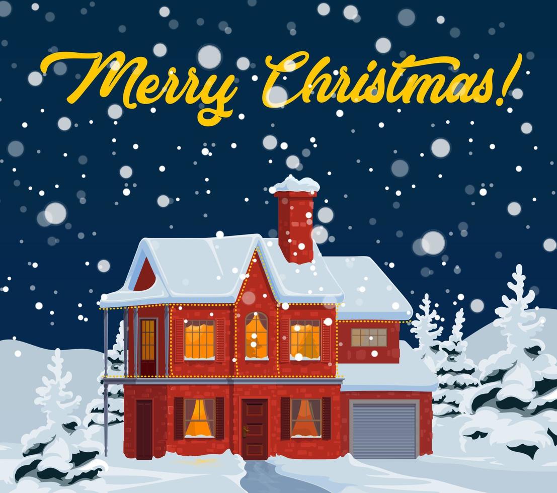 Christmas holidays house with Xmas lights and snow vector