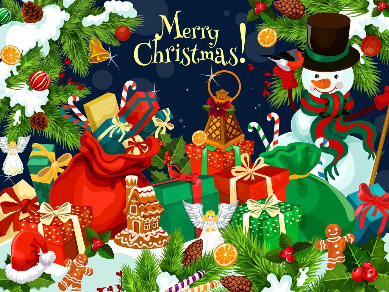Christmas gift and snowman greeting card design vector
