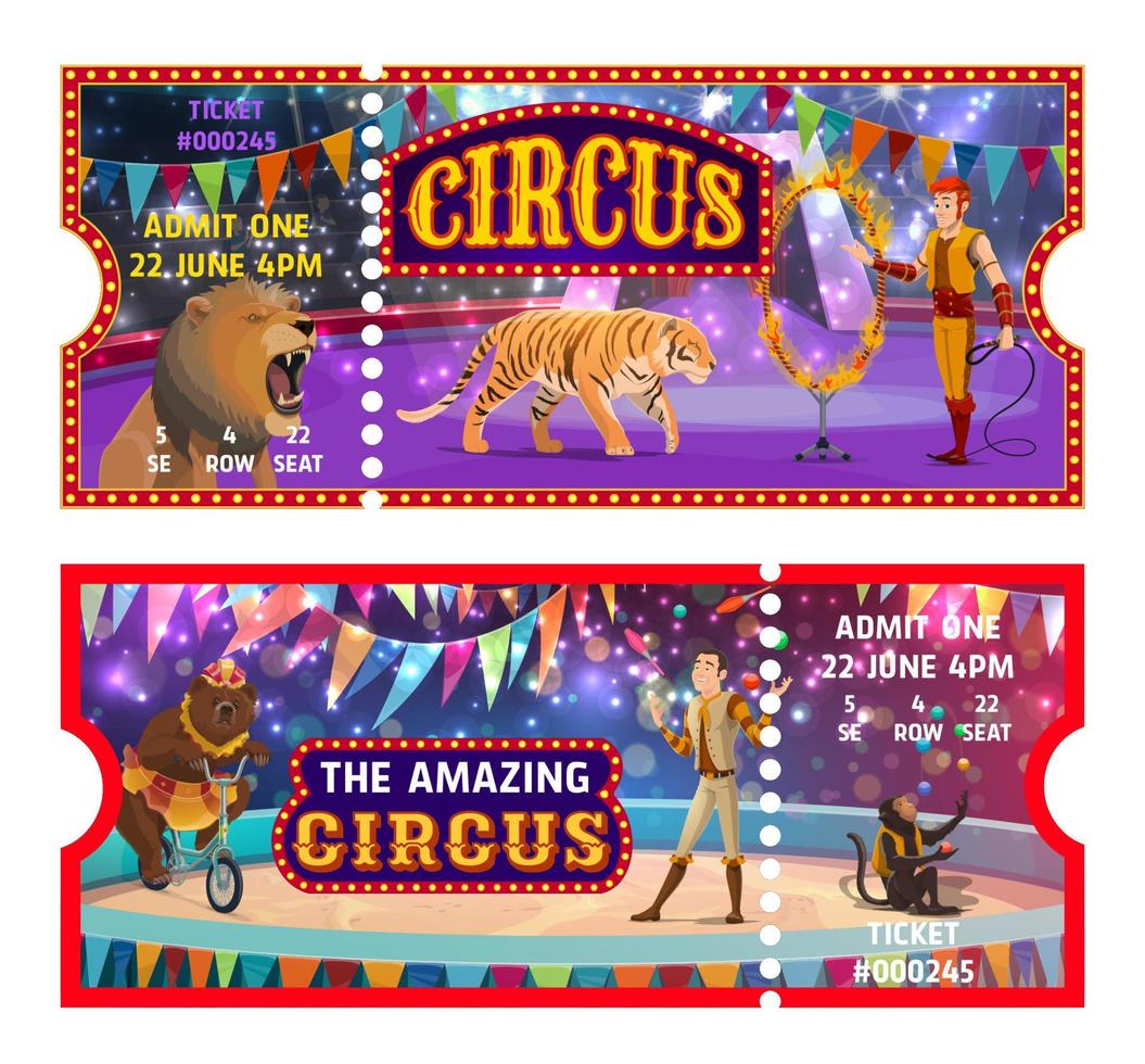 Big top circus tickets, entertainment show admit vector