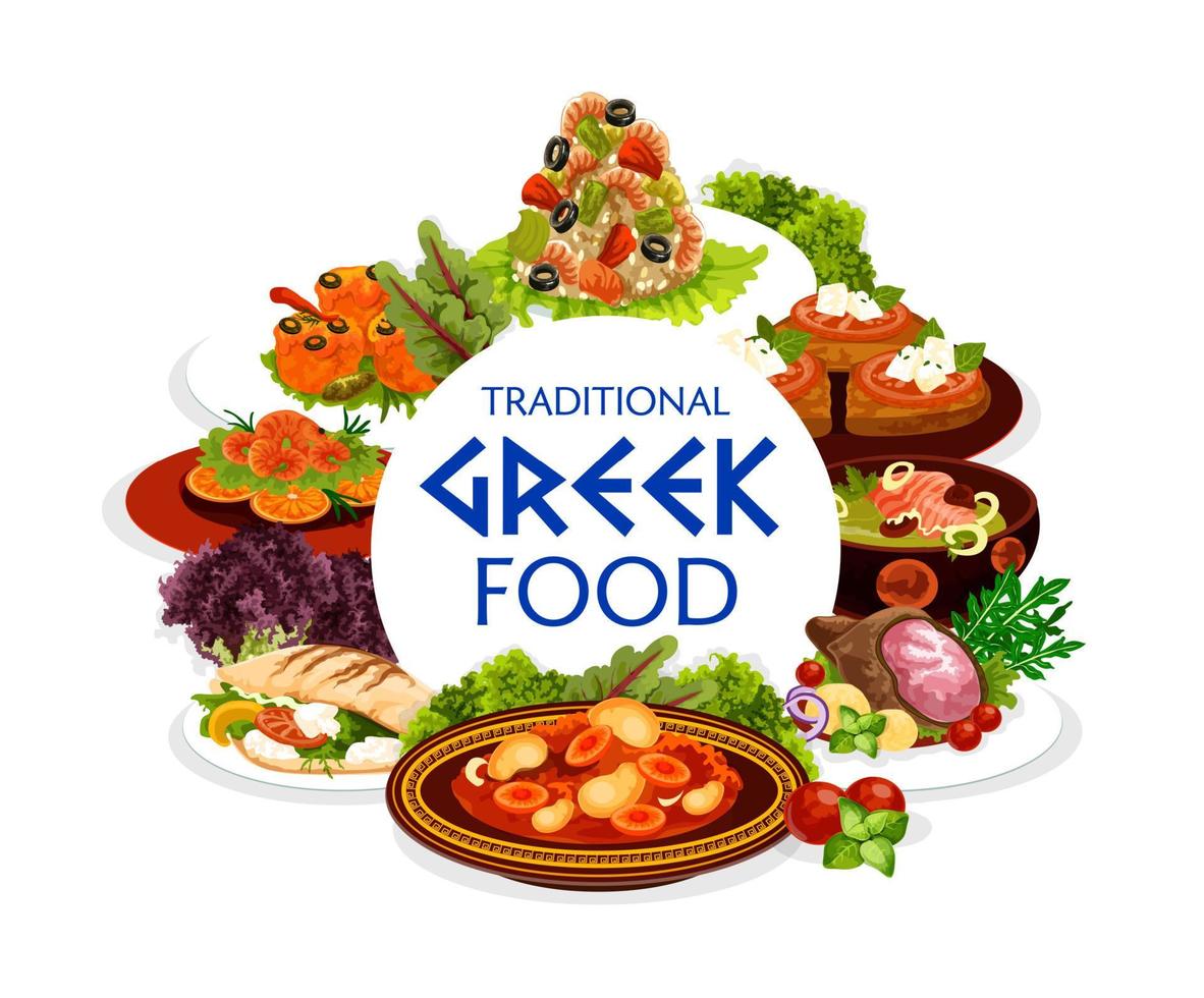 Greek cuisine vegetables, meat, seafood dishes vector