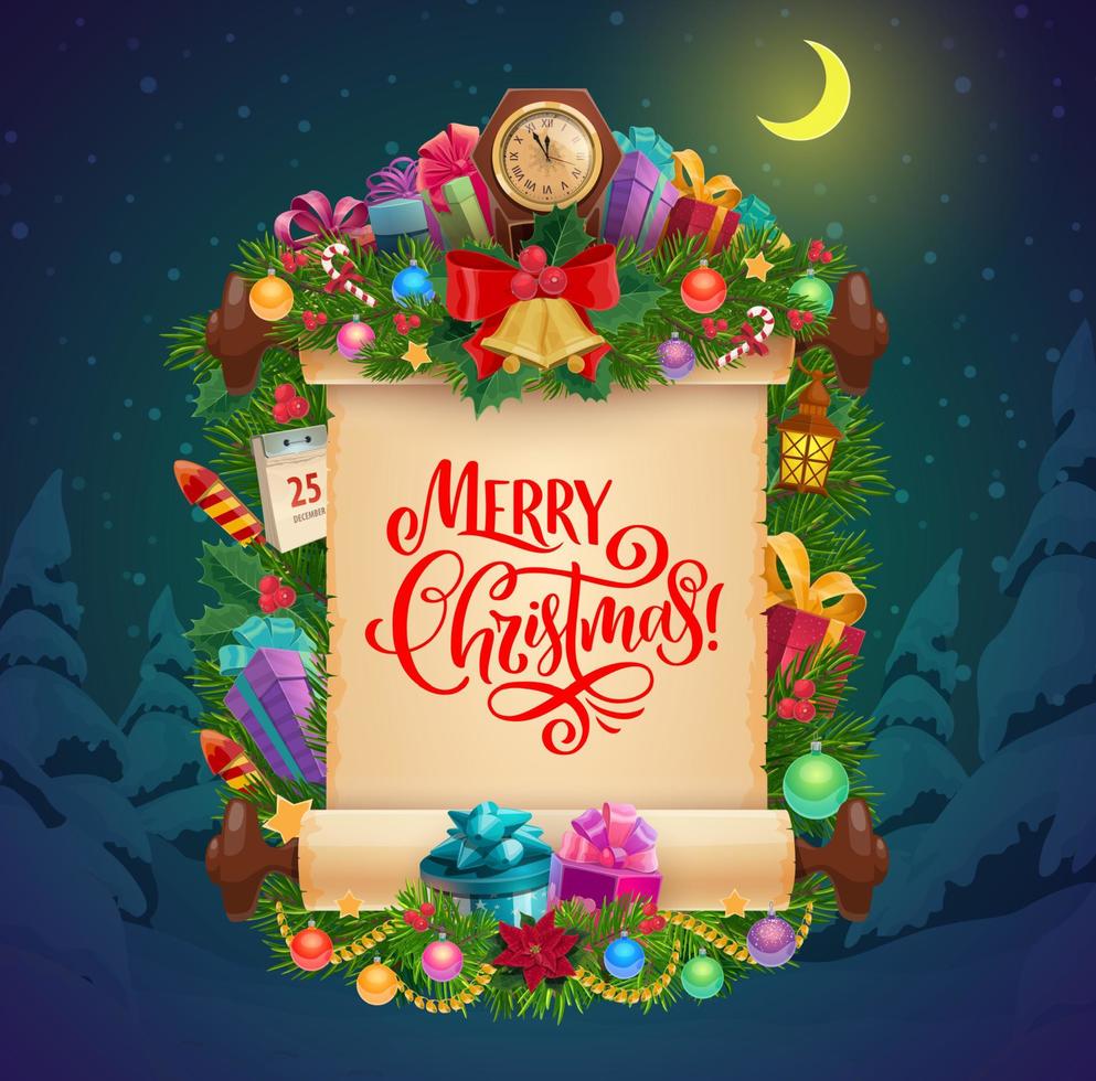 Christmas scroll greeting card with Xmas gifts vector