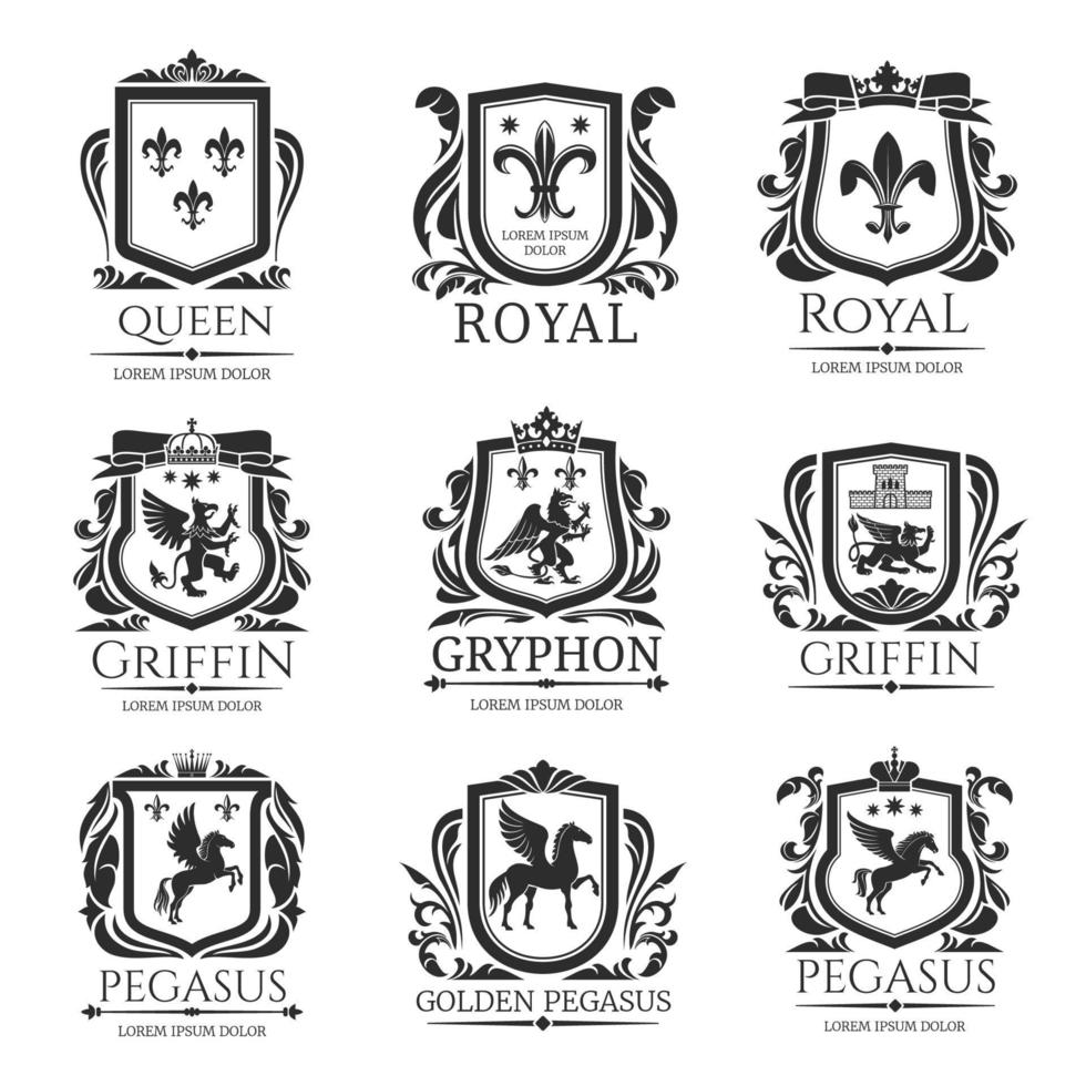 Royal heraldry emblems, heraldic animals icons vector