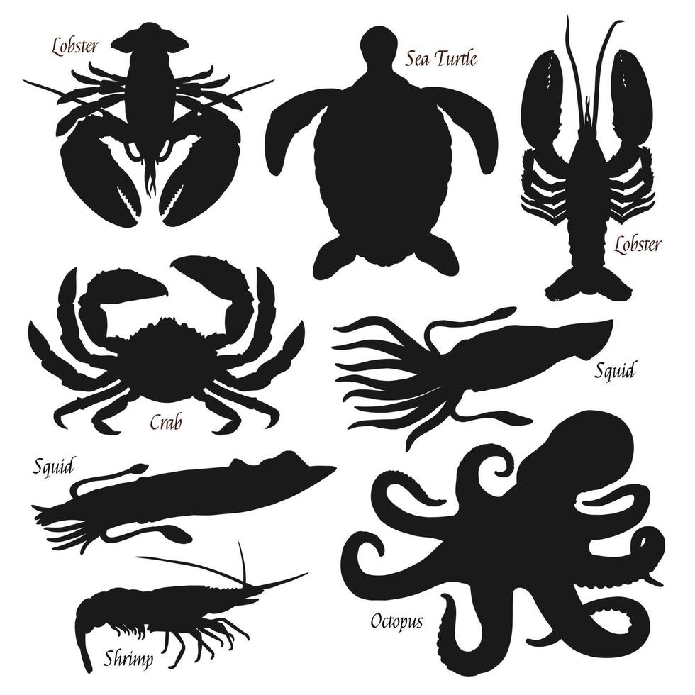 Black silhouettes of underwater ocean animals vector