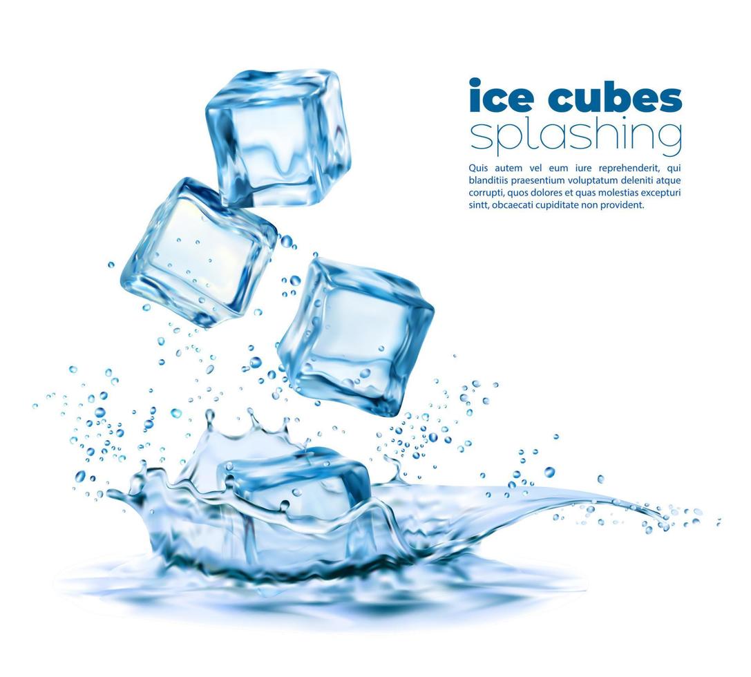 Realistic ice cubes and corona water splash 3d vector