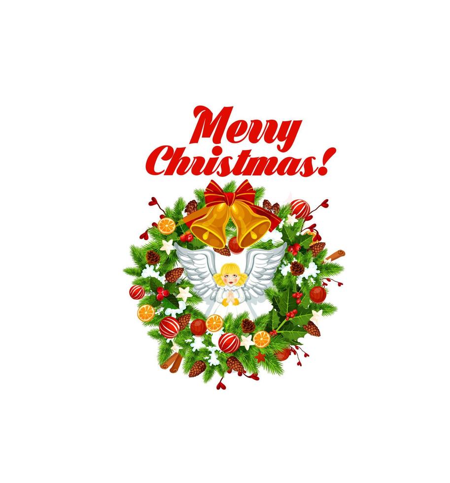 Christmas tree wreath with Xmas bell and bow icon vector