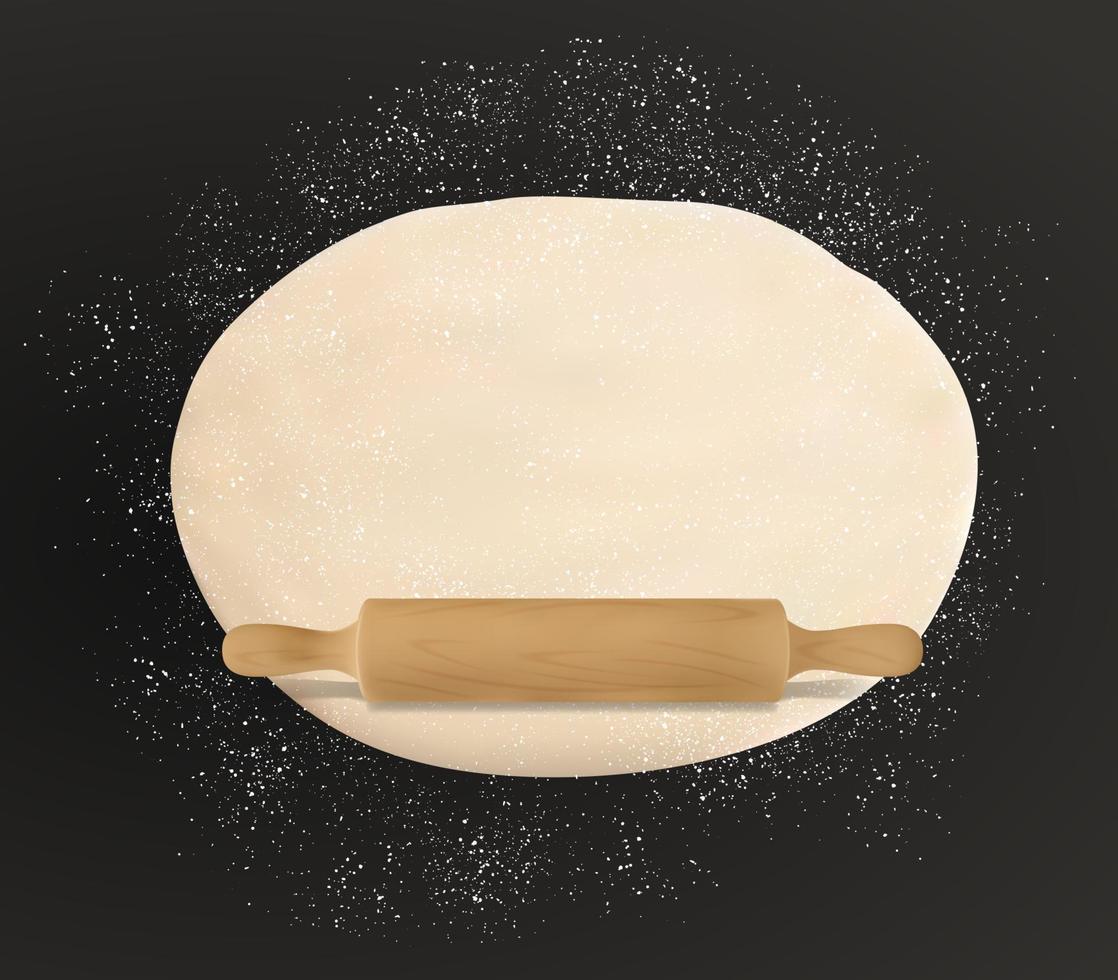 Rolled dough, flour sprinkles, wooden rolling pin vector