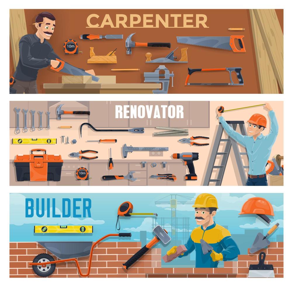 pancartas de trabajadores de la construcción de constructores, carpinteros vector