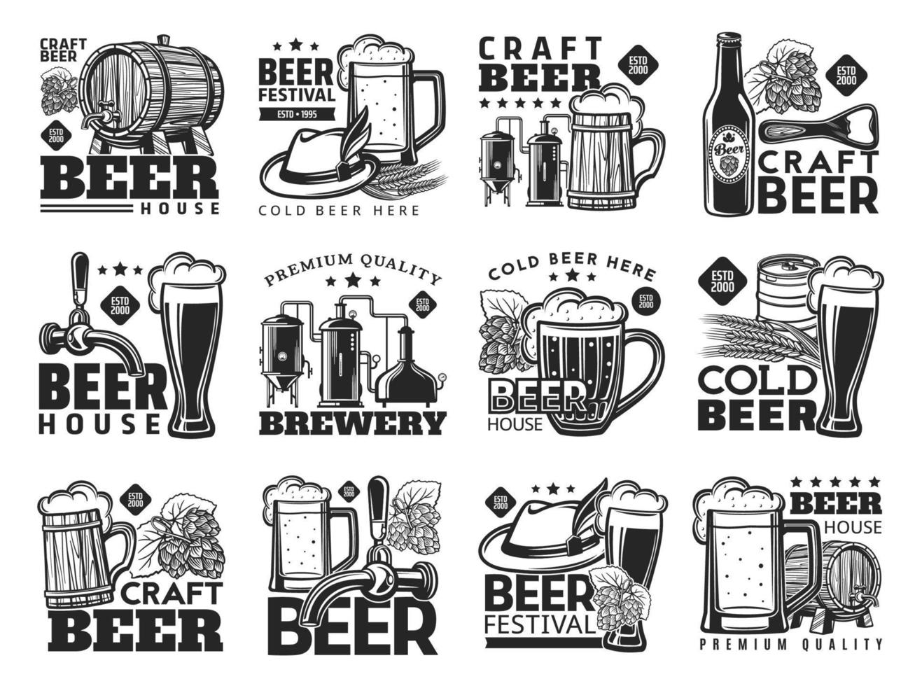 Craft beer brewery monochrome vintage icons vector