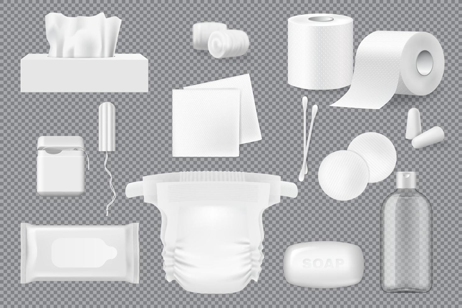 Soap, napkin, cotton pad and swab 3d mockups vector
